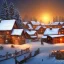 Placeholder: tiny fantasy farming village at night with wooden buildings in winter