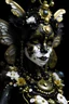 Placeholder: Black and gold bioluminescence gradient bumble bee portrait, textured detailed wings, adorned with bioluminescence malachit eyes colour rococo style black and white and Golden dust pearls, beads and black diamond headdress and masque, black lily florals, organic bio spinal ribbed detail of detailed creative rococo style ornate lwhite colour florwers detailed 3d backgroun background extremely detailed hyperrealistic maximálist concept art