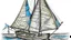 Placeholder: in the childish style of a 5 year old with scratchy penwork, a basic sloop, floating on water with the sail full of wind. Off to the side, the same boat mast is depicted, this time with the sail raised and tied up