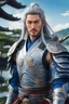 Placeholder: Portrait of a 30 years old handsome samurai in blue and silver heavy armor, fantasy armor with crane sigils, Silver mask, Sengoku Basara, Zen heroe, heroe vibes, fitness body, long silver hair, nobility vibes, gentle smile, nostalgic, heroic pose, japanese spear, 8k, Japanese lake in the background, anime style, perfect anatomy, centered, approaching perfection, dynamic, highly detailed, looking badass, action scene, Hiro Mashima art style, japanese art style, inspired by kawanabe kyōsa, 3d rend