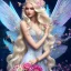 Placeholder: Fantasy cute fairy with wings, smiling, make up, long blond platinum hair, blue eyes, crown, beautiful dress, flowers in background, HQ