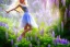 Placeholder: Fantasy cute elf with transparent wings, smiling, make up, long blond platinum hair, blue eyes, crown, beautiful dress, wisteria flowers and mushrooms in background, HQ, high key lighting, volumetric light high details