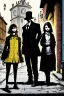 Placeholder: Design a detective book cover for teenagers. Three teenage detectives and black cat in the centre, one boy on her left, the girl in the centre and one on her right are on the town street. Banksy style, modern comic book style, mysterious atmosphere,