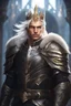 Placeholder: Male Tan Human, White Hair, Handsome Face, Wearing A Magical Crown, Black Heavy Armour, Dark colours theme, Dark Background, Paladin Greatsword Strapped to his Back