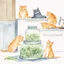 Placeholder: watercolor illustration of mischievous cats forming a cat pyramid to get up on a counter with "CATNIP" jar on it, super cute, whimsical,