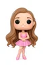 Placeholder: Funko figure of a very young female, smiling, long wavy light brown hair, wearing a ballerina dress, pink dress, ballet, very cute, ballet pose,. typography, 3D render. White background