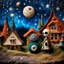 Placeholder: Folk art photograph, Nightmare before Christmas made of clay and felt, naïve, stars and planets, village, Max Ernst, neutral natural colors, mixed media, bokeh