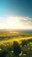 Placeholder: aerial view of a landscape trees and sunflowers fields and a city that looks futuristic with futuristic lighting, horizon, realistic rendering
