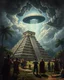 Placeholder: Bosch painting style of nightmare showing a people prying for an alien spaceship hovering over a Mayan permanent temple