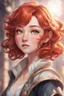 Placeholder: A short girl with thick short wavy red hair, narrow kind eyes with an enthusiastic look. A wide oval face is decorated with an upturned nose and small lips, genshin impact style