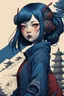 Placeholder: 2 illustration side(half), cyberpunk huge girl illustration in diagonal style by <John Kenn Mortensen> darkred tones, and another petit girl in diagonal illustration by <Katsushika Hokusai> darkblue tones, hyperdetailed,