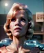 Placeholder: Ultra Realistic retro sci-fi movie Supermarket parking scene, 1960 year, waist up view portrait, a super giant blonde woman, sweet teenager Jane Fonda face, perfect iris, glow eyes, face makeup, tight latex coat, many people, Retro sci-fi style, soft color, highly detailed, unreal engine 5, ray tracing, RTX, lumen lighting, ultra detail, volumetric lighting, 3d, finely drawn, high definition, high resolution.