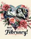 Placeholder: 1:1 ratio A highly detailed Image in the style of Art Nouveau, of tastefully painted hearts and flowers in shades of reds, pinks, corals and ivory, add a superimposed transparent image of the president's on Mount Rushmore in the corner. Image is edge to edge, no frame. Bold script text "Hello February!" , wide-angle shot, vibrant color grading, shallow depth of field, adventure, league of legends style concept art
