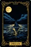 Placeholder: in center stunning deep colors and gold alcolhol ink tarot card (9:10 ratio) with 1 full moon and weird fantasy sea with rock, moon reflection, inscription at the bottom, text:"DREAM", dark sky, strars, occult forces, sharp focus, beautiful ornamentic frames on card, detalied, fantasy, black background