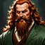 Placeholder: dnd, fantasy, watercolour, stylistic, portrait, illustration, dull colours, male, dwarf, face, bearded, long brows, frugal, weathered face, green eyes, determined, happy, red hair, very long hair streaming down the shoulders, radiating light, five o'clock shadow, softer facial features, dignified