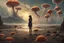 Placeholder: woman standing on the shores of an alien world, with mushrooms with jellyfish tentacles, floating in the air, photorealistic, Detailed Matte Painting, Deep Colour, Fantastical, Intricate Detail, sunshine