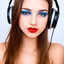 Placeholder: Gros plan du visage d'une jeune femme brune, elle a les paupières peintes en bleu, la bouche rouge, et un casque sur les oreilles, ambiance pop