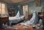 Placeholder: an oil painting of a messy room, a man is sitting on his bed, one a ghost of a child near the bed, empty bottles in the room