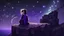 Placeholder: Minecraft Character, minecraft theme, purple starry sky, meditating, facing back, wearing gown, minecraft style, in between two cliffs, sharp edges