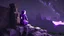 Placeholder: Minecraft Character, minecraft theme, purple starry sky, meditating, facing back, wearing gown, minecraft style, in between two cliffs,