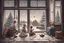 Placeholder: A picture from the window of a house onto the street, two lovers are standing near the window: a girl and a guy. There is a teapot on the floor, mittens lying around, a white boat made of paper, stars cut out of paper, next to the window there is a fireplace with a Christmas tree. An old man with a suitcase is sitting on the floor, cockroaches with musical instruments are running in front of him. Outside the window there are trees, shadows and secrets, haze. Phantasmogoria, mysticism, theater