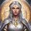 Placeholder: dungeons & dragons; digital art; portrait; female; sorceress; two colored eyes; silver hair; braided hair; young woman; greek style robes; long veil; soft clothes; silver and gold robes; robes with armor; teenager; circle halo background