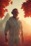 Placeholder: Ape portrait , jogging suite, at dawn by atey ghailan, golden light , white robe, holding leaves and flowers , angels background, volumetric light, high detail, red leaf tree, mountains in background, perfect