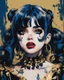 Placeholder: Poster in two gradually, a one side malevolent goth vampire girl face and other side the Singer Melanie Martinez face, painting by Yoji Shinkawa, darkblue and gold tones,