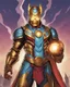 Placeholder: An armor made of a mixture of steel and leather, worn by a strong commander with magical power K's infinity gauntlet has six infinity stones While standing on a majestic height from afar A flaming-eyed commander with flaming light blue pupils stands atop a squire