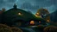 Placeholder: a vector-style raw illustration of lonely in-hill hobbit house in Shire, Hobbiton, Middle-Earth, old town, lord of the rings movie :: autumn, thunderstorm, grey sky, rain, wind, hurricane, late evening, yellow leaves, (evening:1.5), streetlights :: hobbit village, round doors, round windows :: underhill houses covered by falen leaves and flowers, fireflies, traditional hobbit architecture, hobbit scene painting