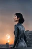 Placeholder: Photo Of A slim Woman With Black Hair, Wearing An android-looking suit, standing sideways On A Ledge of a building, With A waning moon Behind Her Head, sunset