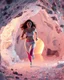 Placeholder: make a video pretty crystal cave covered with jewells and CIFI jewell lights and 3d recursive cubic and sphere base pearls and jwells a beautiful fashion model lady with cute,curvy hair,makeup, in pretty sports suit is running inside cave ,dynamic camera fallow her inside cave capturing full body, dynamic lights.