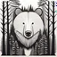 Placeholder: M shaped bear head surrounded with lots of woods silhouette in background, letterpress style, minimalistic pencil art