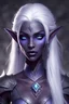 Placeholder: female drow from dungeon and dragons that resembles a dark elf but has purple skin tone with very light blue eyes and stark, long stark white hair decorated with metal accessories, with a kind face, and slender face, young, innocent, with small lips and small nose, beautiful, with a smile, beautiful, young, calm, sweet, bard, accessories in hair, realistic, happy, magical, dancing, wearing a dress with metal decorations, scars, magical, braids, high checkbone