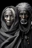 Placeholder: a photo of an Tuareg man and woman with ethnic jewelry, grey hair and grey flowing robe, in style of Annie Leibovitz, contemporary portrait of a mature yet beautiful and modernist, black and grey, detailed face, swirling fluid smokey enigma, award-winning artwork