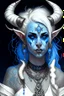 Placeholder: A young tiefling woman with a set of ram horns on her head encrusted with jewels, White-Blonde, medium length hair, black eyes, dressed in white and blue with lots of jewelry, beautiful, satanic tattoos on her neck, she is happy