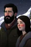 Placeholder: Mountain Christmas scene, dark haired couple, man with short black beard