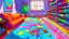 Placeholder: Fantasy cartoon illustration: Living room. On the floor there is a bright blue dot - it's a jelly bean! And nearby there is a whole trail of colorful jelly beans: red, green, purple, orange, red, blue, orange, purple, orange, green, pink, red, purple.