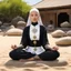 Placeholder: Clara free spirit is a gangsta nun covered by tattoos faces the camera, meditating in the lotus position on a rock outside, under the sun. The serene setting of a sunny zen garden surrounds her, the sand meticulously raked in intricate patterns.