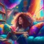 Placeholder: A beautiful girl with curly hair is sitting on the sofa in her room and her beautiful and colorful dreams are flying around the room. A room full of joy and passion and color, digital art, 4k, full details, high resolution