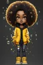 Placeholder: Create an stippling art illustration of a chibi cartoon black female thick curvy wearing a cut of yellow hoodie and black jeans and timberland boots. Prominent make up with long lashes and hazel eyes. Highly detailed shiny black curly afro hair. Background of a large bubbles all around her 2k