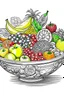 Placeholder: A page with a bowl of different fruits , white background, sketch style, full body, only use outline, Mandala style, clean line art, white background. No shadow clear and well defined .