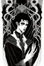 Placeholder: black haired young man necromancer wizard with gothic jewelry and tentacle fingers in the style of Harry Clarke