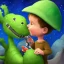 Placeholder: 1yo little szymon is on safari onthe moon. petting a green dinosaur. he has big binoculars and a funny hat. High detailed. Cinematic. Digital painting. Warm lights.