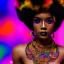 Placeholder: full body shot, masterpiece, best quality, man of median age, black skinned, sparkling eyes, fluorescent skin, colorful makeup, afro, highly detailed body, afrofuturism, scifi, sun light, 4K, RAW, depth of field, high contrast, realistic details, 24mm