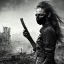 Placeholder: women, faces covered in black masks, ragged clothes, holding flag, war-torn, destroyed city in the background, 8k resolution, hyperrealistic, detailed matte painting, b&w, dynamic lighting, war, anarchy, terrorists