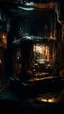 Placeholder: A small strange machine in side Si-Fi, The cave of Batman atmospheric lighting effects, intricate industrial details, moody atmosphere, eerie grimdark ambiance, complex motherboard accents, speculative fiction art. Bokeh