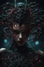 Placeholder: Demon girl, fullbody, creepy, horrifying, sinister, many worms connected to the head, sparks around her, sparks cybernetic, intricate, 8k, macro photography,