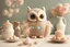 Placeholder: cute chibi plushy fluffy knitted and embroidered natural colored owl with cake in a kitchen, feathers, iridescent flowers incorporated, light emitting, bioluminescent holographic room, silver foil, sparkling diamonds, holographic raw pearls, ethereal, cinematic postprocessing