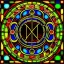 Placeholder: round coaster of letter M with stained glass window effect, highly detailed, intricate, warm colors, stained glass window, glossy from rain, warm lighting, dramatic lighting